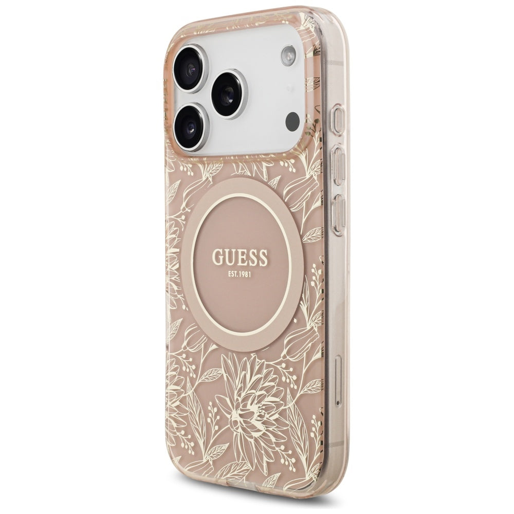 Husa MagSafe pentru Apple iPhone 17 Pro, Guess, IML Flowers Allover Electroplated with Pearl Strap, Roz