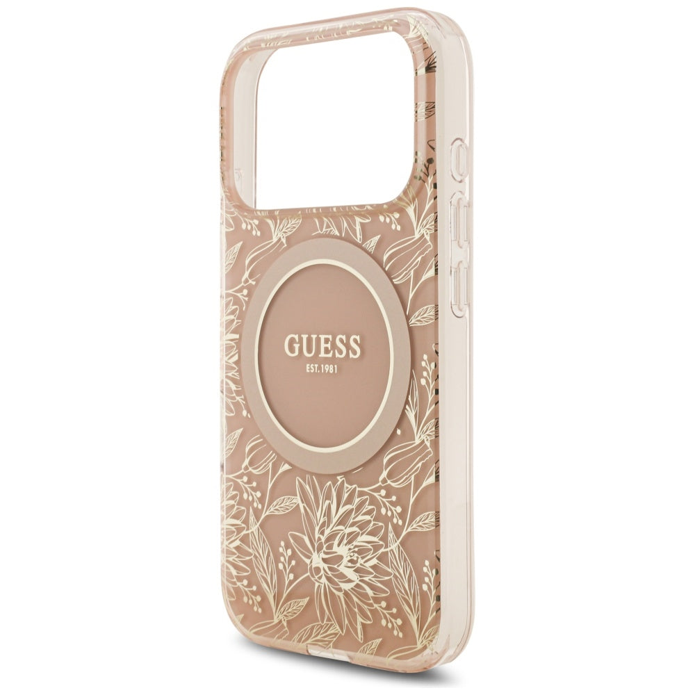 Husa MagSafe pentru Apple iPhone 17 Pro, Guess, IML Flowers Allover Electroplated with Pearl Strap, Roz