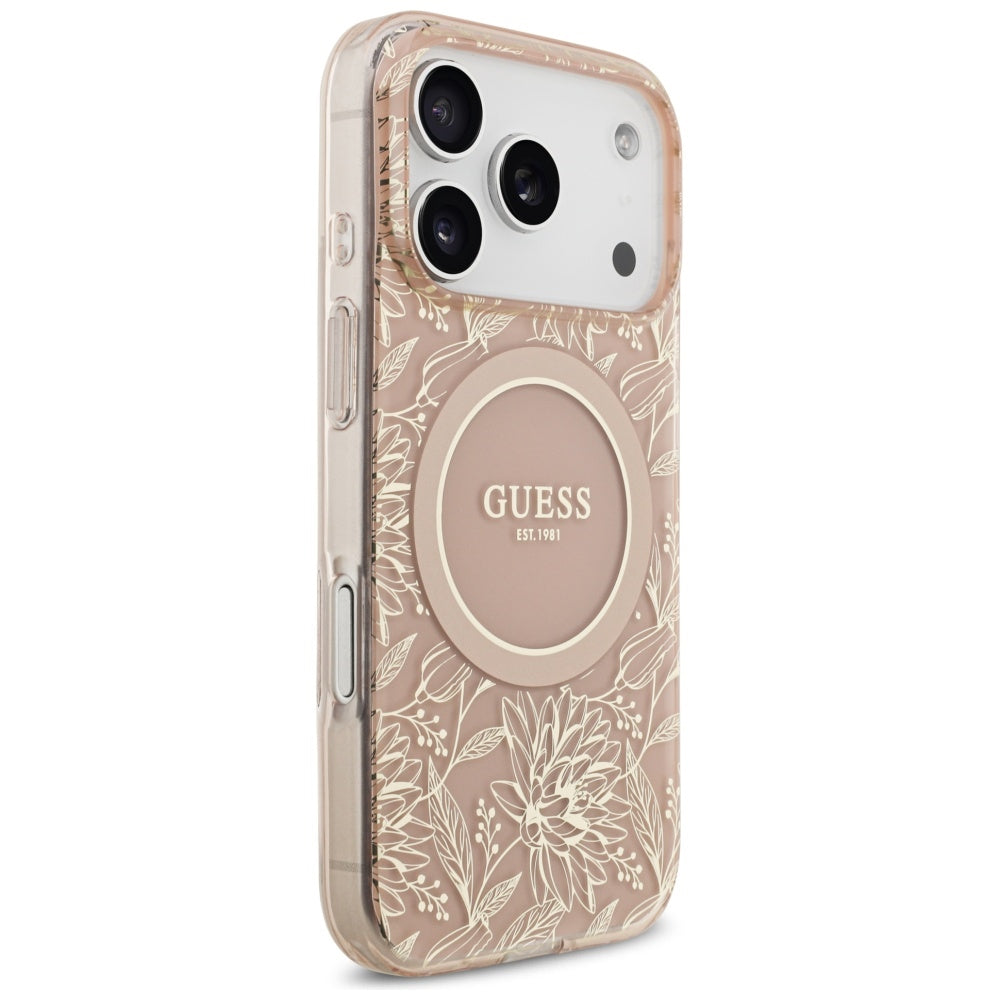 Husa MagSafe pentru Apple iPhone 17 Pro, Guess, IML Flowers Allover Electroplated with Pearl Strap, Roz