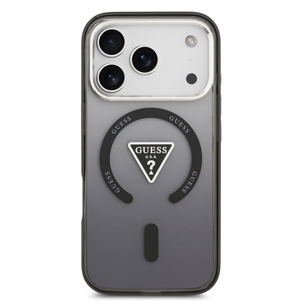 Husa MagSafe pentru Apple iPhone 17 Pro, Guess, IML Gradient Triangle Logo, Neagra Argintie