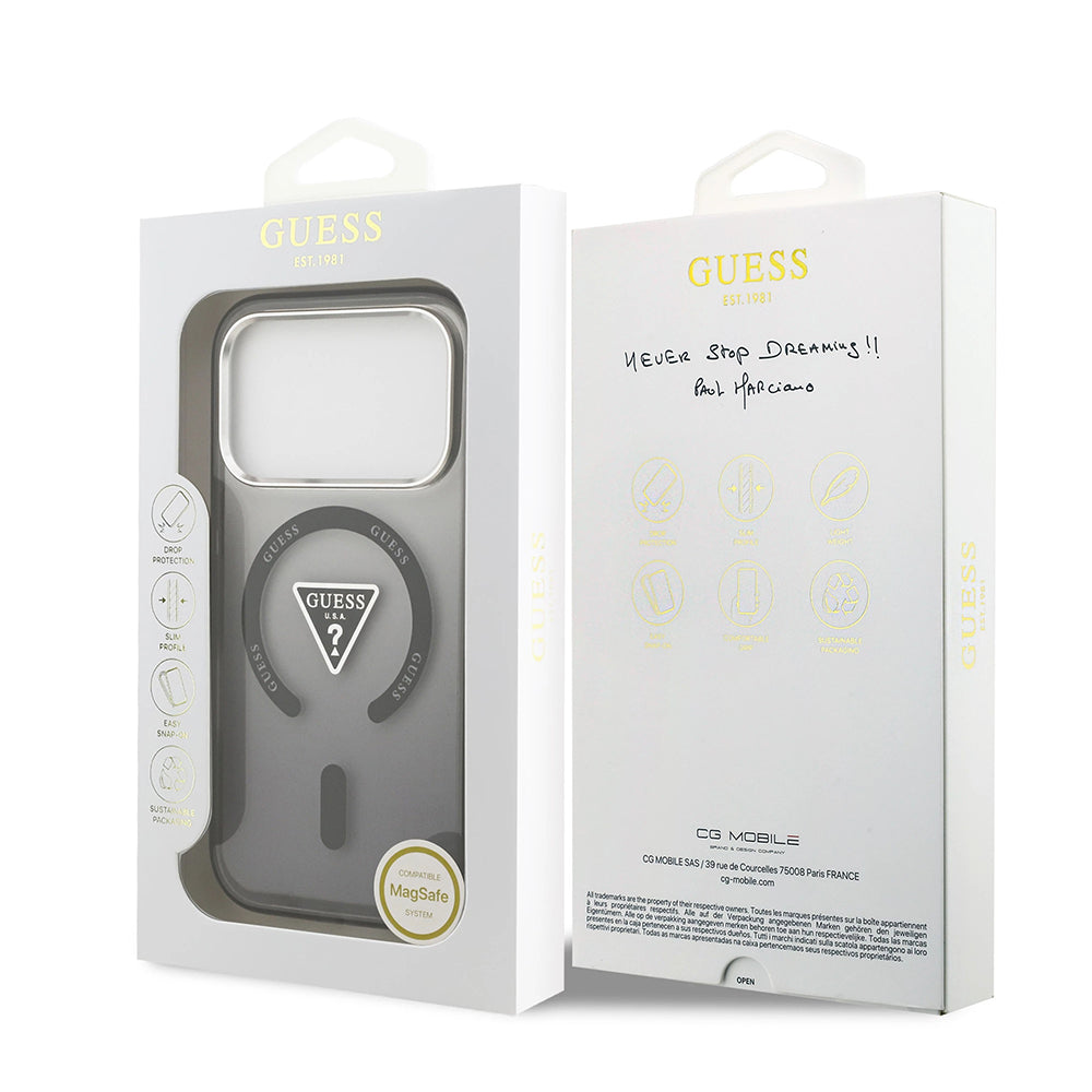 Husa MagSafe pentru Apple iPhone 17 Pro, Guess, IML Gradient Triangle Logo, Neagra Argintie