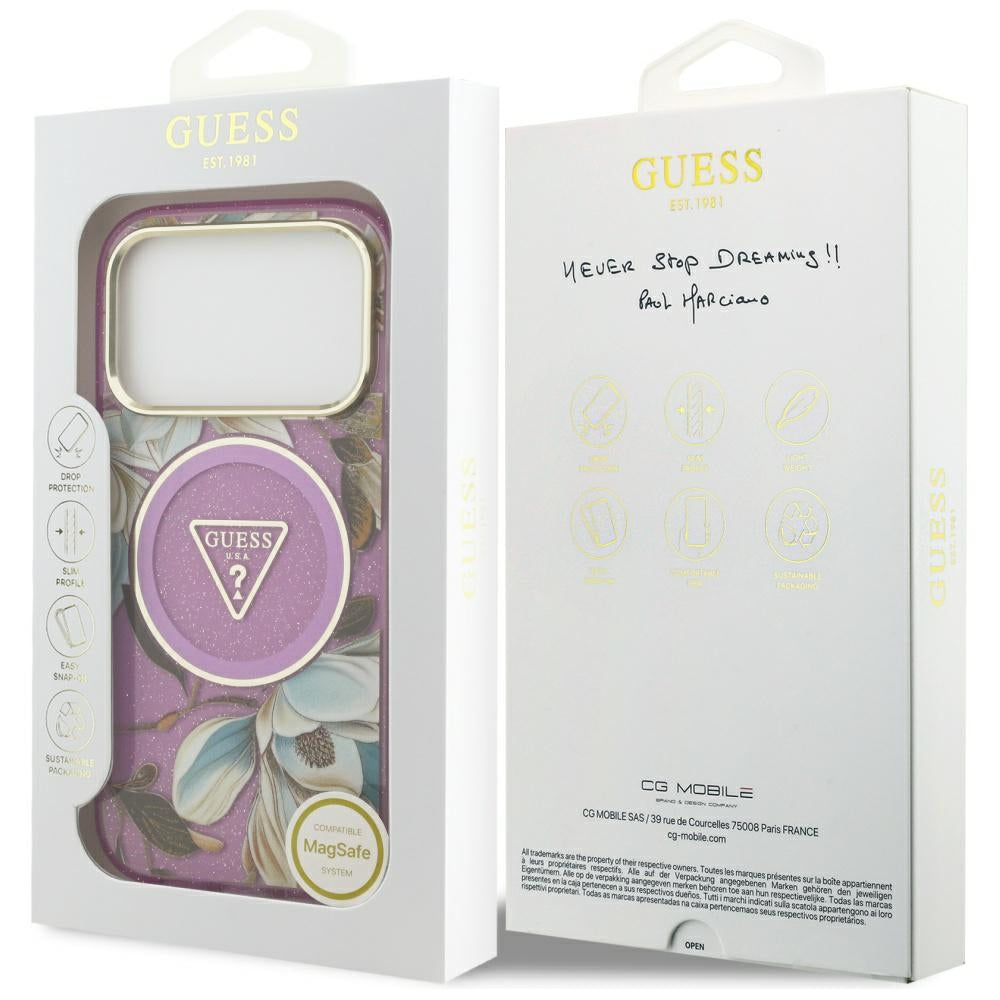 Husa MagSafe pentru Apple iPhone 17 Pro, Guess, IML Metal Glitter Flowers Triangle, Mov