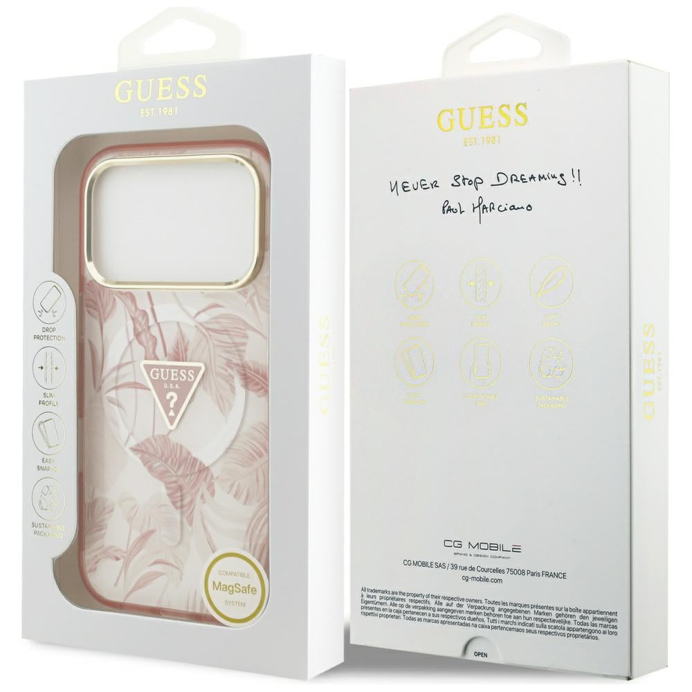 Husa MagSafe pentru Apple iPhone 17 Pro, Guess, Jungle Tonal Triangle, Roz