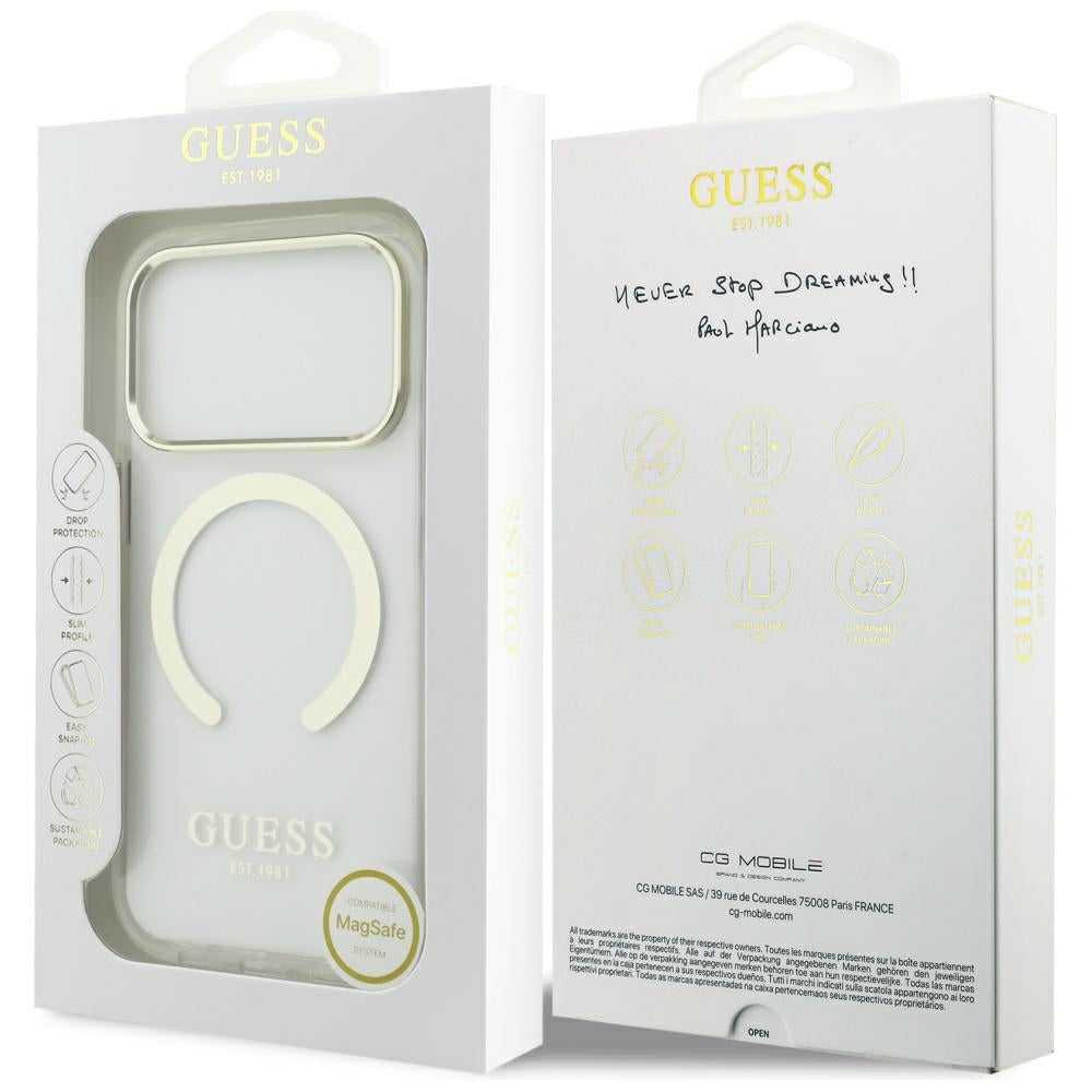 Husa MagSafe pentru Apple iPhone 17 Pro, Guess, Metal Outline, Aurie