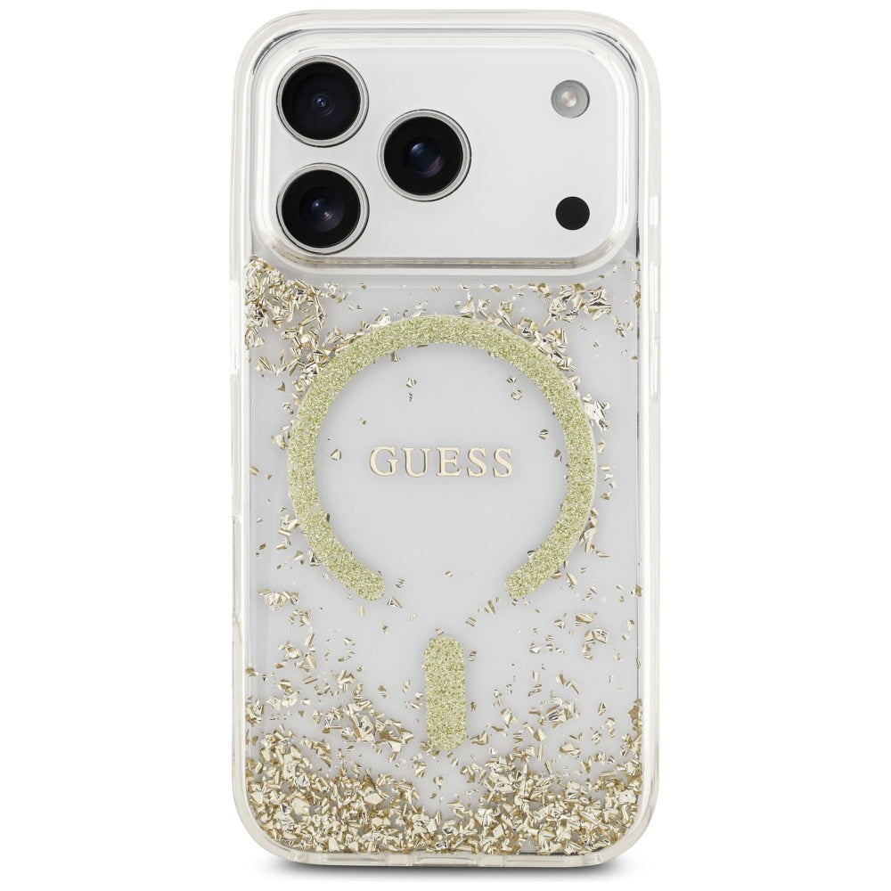 Husa MagSafe pentru Apple iPhone 17 Pro, Guess, Resin Bottom Glitter, Aurie