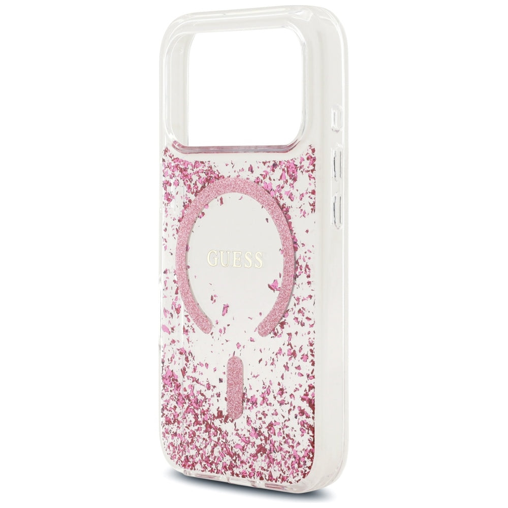 Husa MagSafe pentru Apple iPhone 17 Pro, Guess, Resin Bottom Glitter, Roz