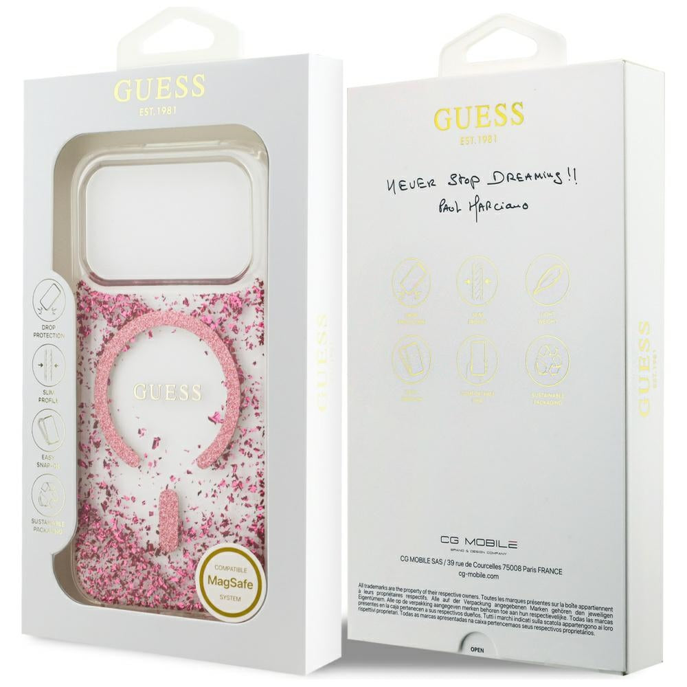 Husa MagSafe pentru Apple iPhone 17 Pro, Guess, Resin Bottom Glitter, Roz