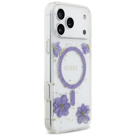 Husa MagSafe pentru Apple iPhone 17 Pro, Guess, Resin Flowers and Glitter, Mov