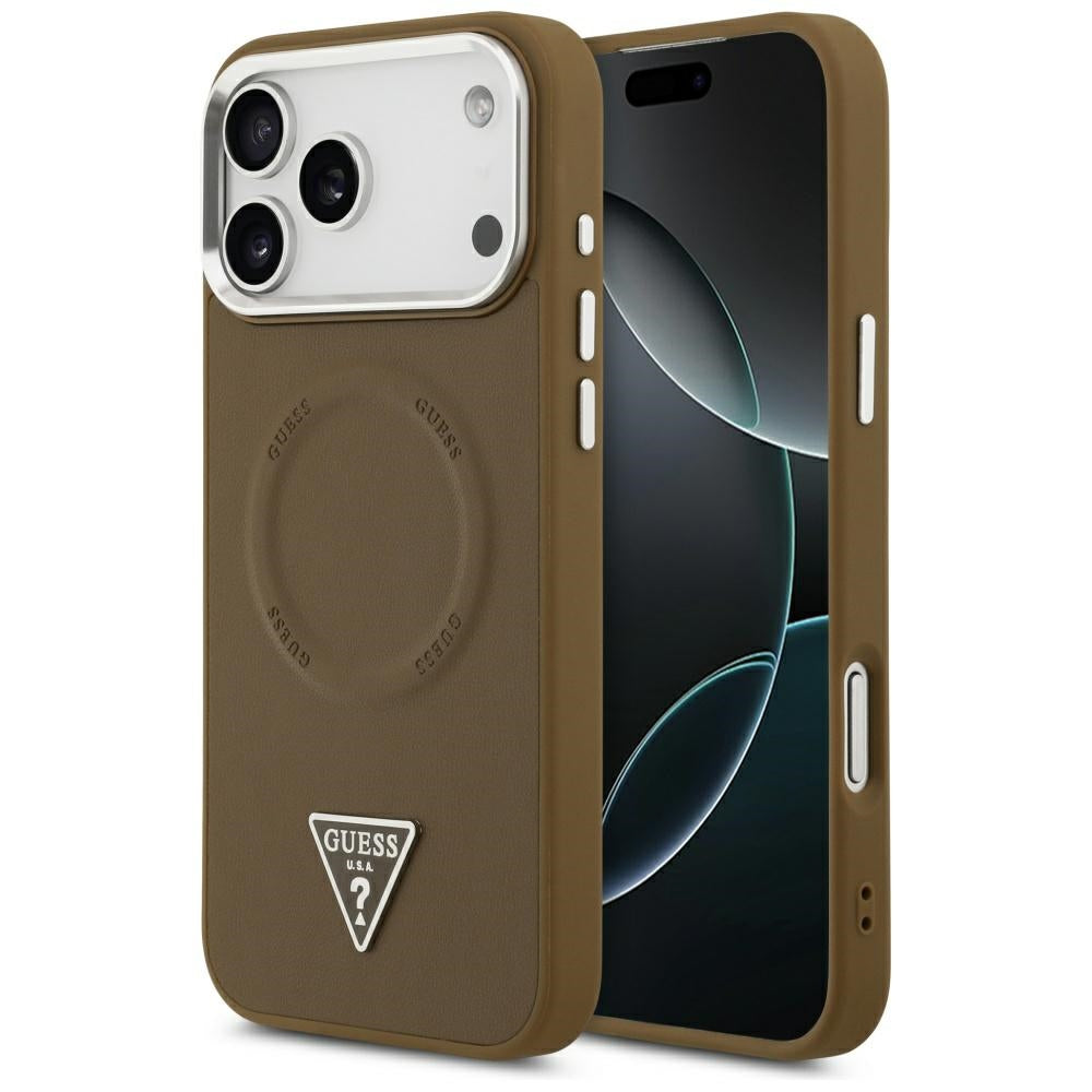 Husa MagSafe pentru Apple iPhone 17 Pro, Guess, Triangle Logo, Maro Argintie