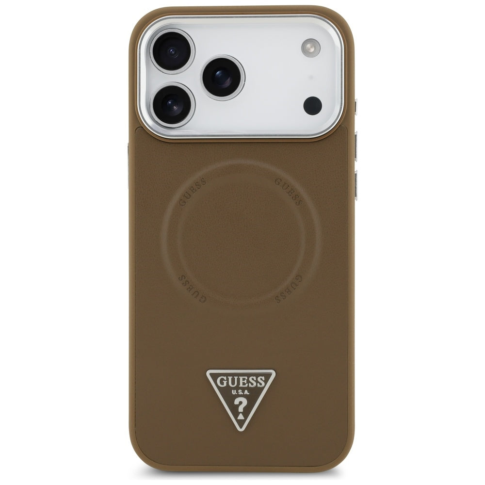 Husa MagSafe pentru Apple iPhone 17 Pro, Guess, Triangle Logo, Maro Argintie