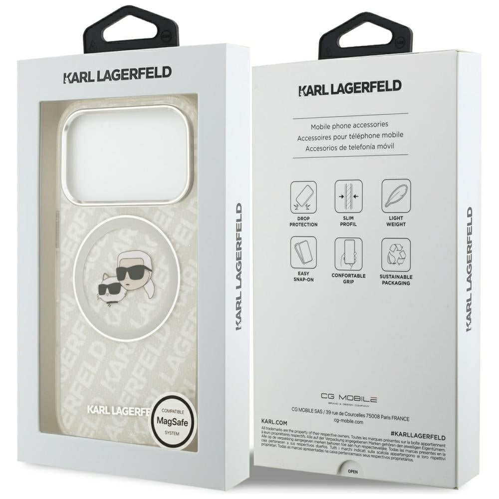 Husa MagSafe pentru Apple iPhone 17 Pro, Karl Lagerfeld, Glitter Karl & Choupette Head, Alba