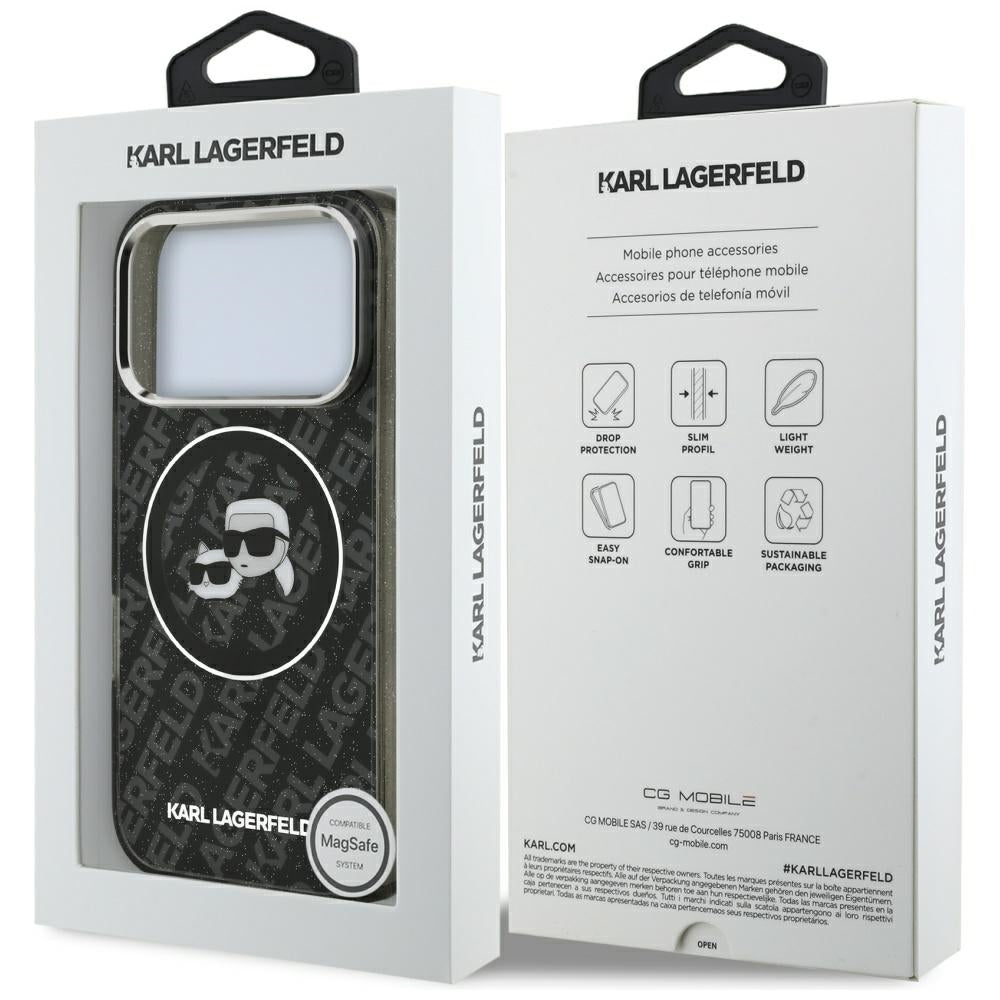 Husa MagSafe pentru Apple iPhone 17 Pro, Karl Lagerfeld, Glitter Karl & Choupette Head, Neagra