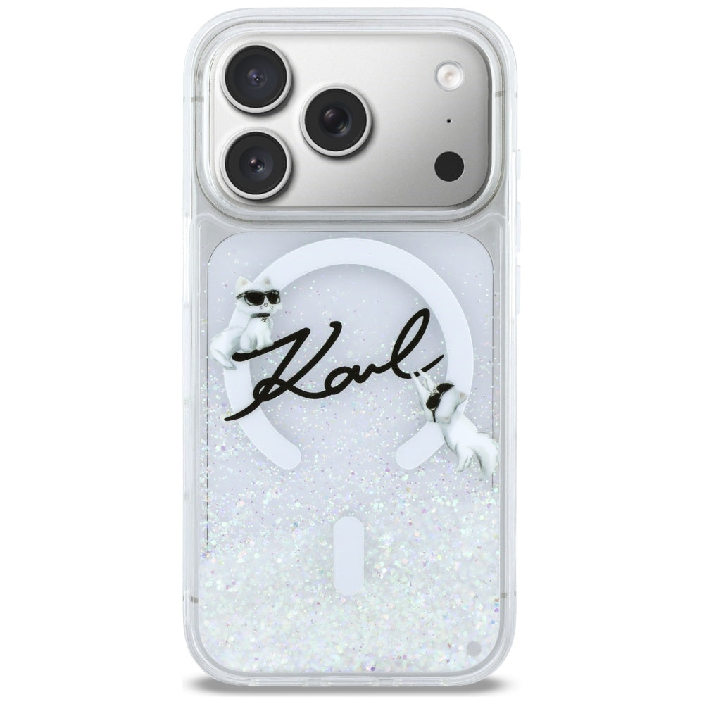Husa MagSafe pentru Apple iPhone 17 Pro, Karl Lagerfeld, Glitter Karl Script Logo, Transparenta