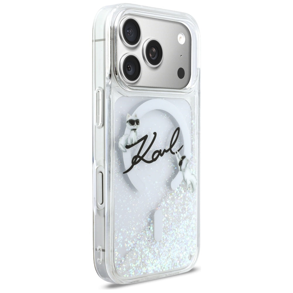 Husa MagSafe pentru Apple iPhone 17 Pro, Karl Lagerfeld, Glitter Karl Script Logo, Transparenta
