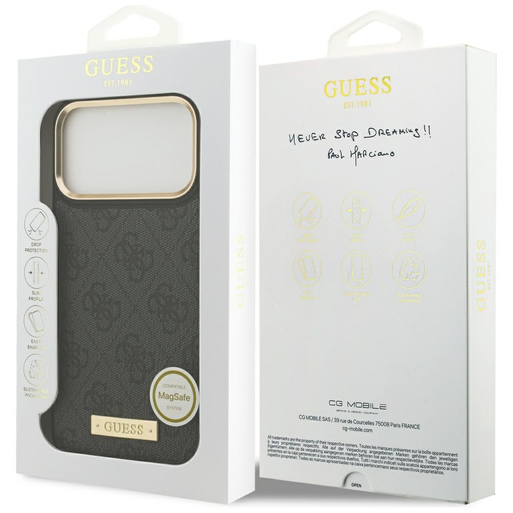 Husa MagSafe pentru Apple iPhone 17 Pro Max, Guess, 4G Logo Plate, Neagra