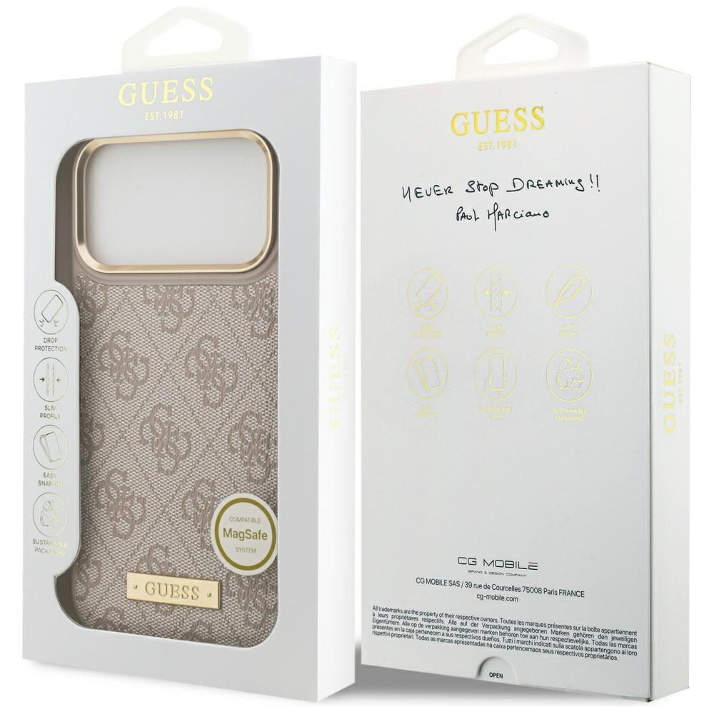 Husa MagSafe pentru Apple iPhone 17 Pro Max, Guess, 4G Logo Plate, Roz