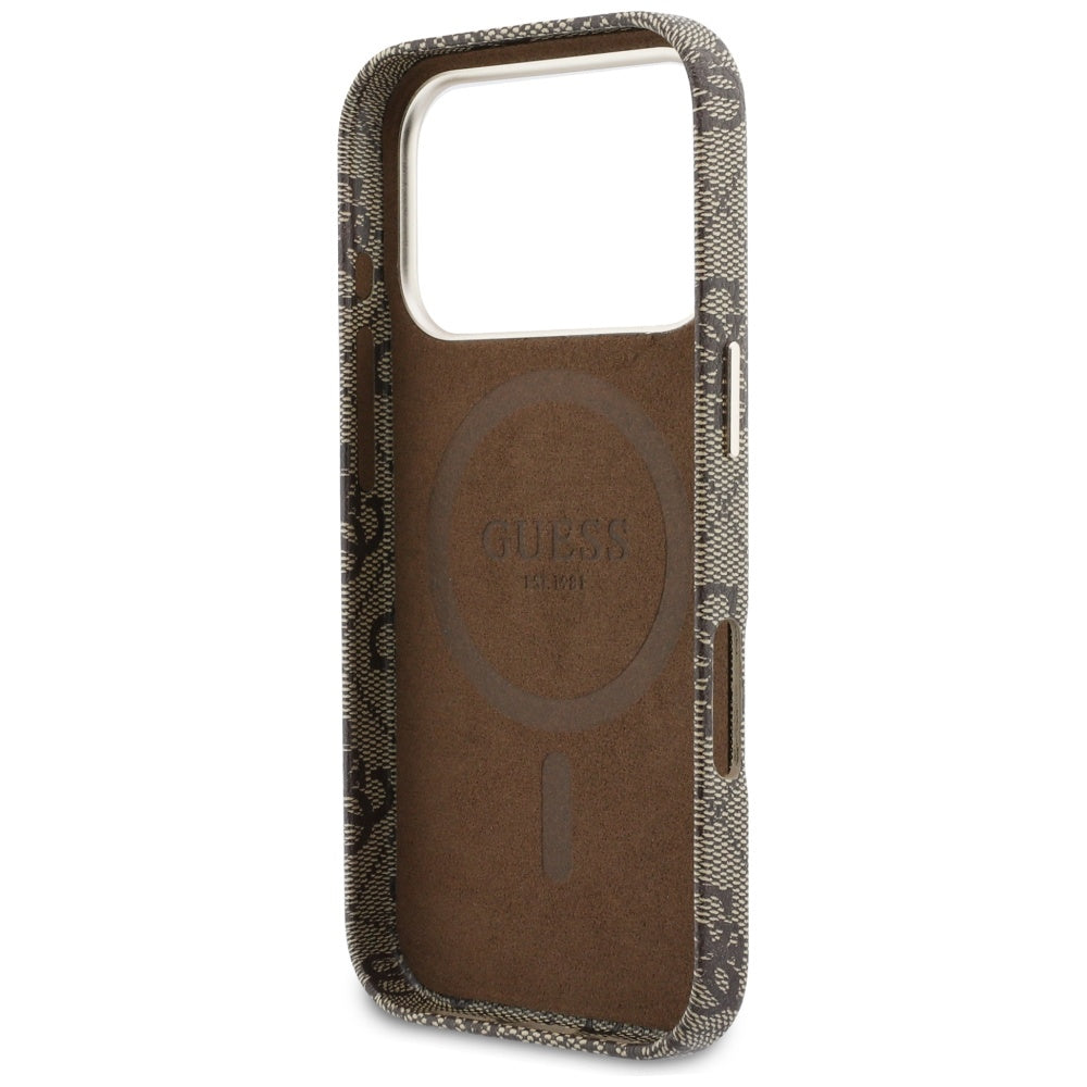 Husa MagSafe pentru Apple iPhone 17 Pro Max, Guess, 4G Script Logo, Maro