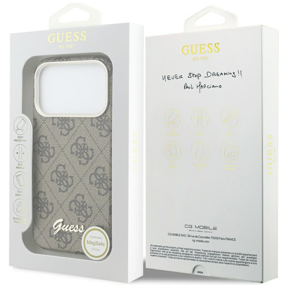 Husa MagSafe pentru Apple iPhone 17 Pro Max, Guess, 4G Script Logo, Maro
