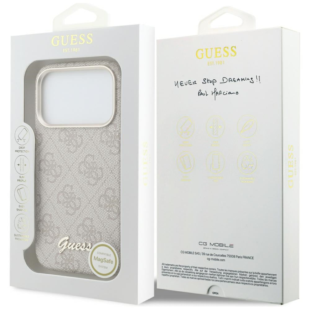 Husa MagSafe pentru Apple iPhone 17 Pro Max, Guess, 4G Script Logo, Roz
