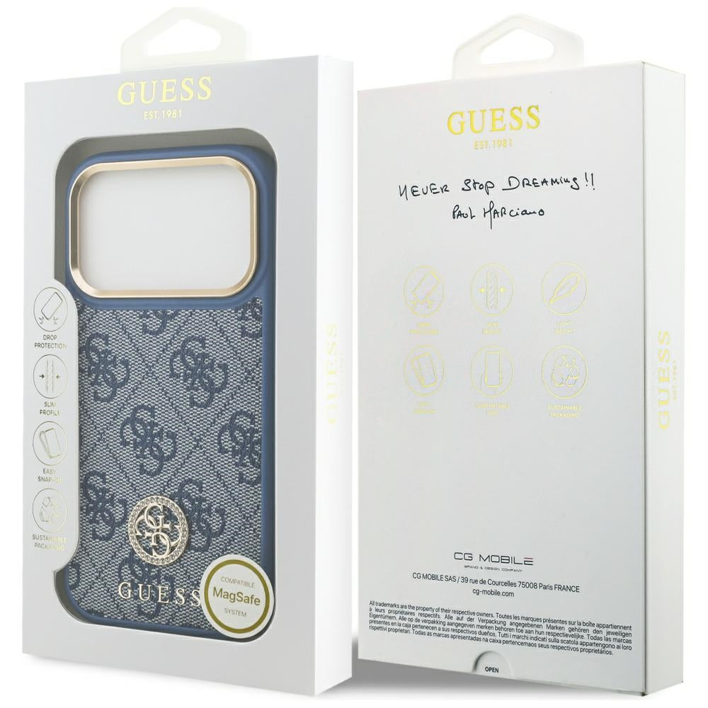 Husa MagSafe pentru Apple iPhone 17 Pro Max, Guess, 4G Strass Logo, Albastra