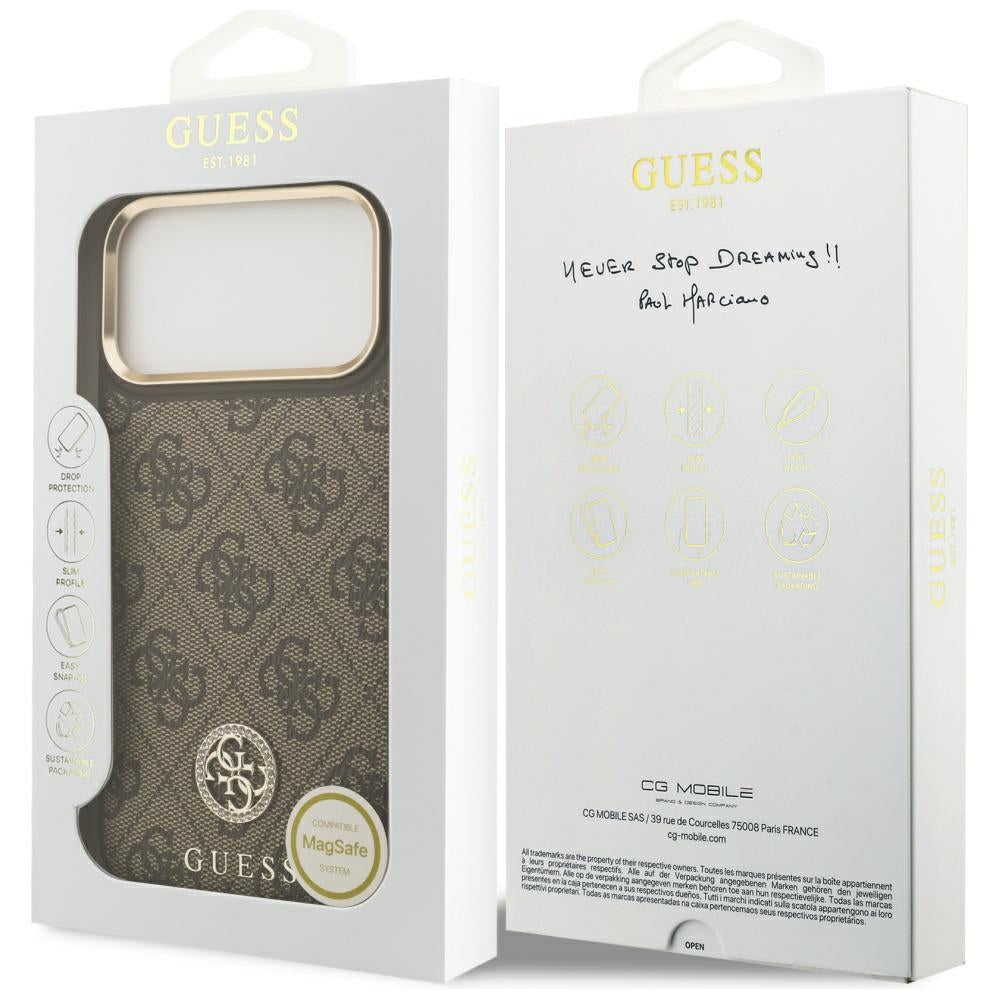 Husa MagSafe pentru Apple iPhone 17 Pro Max, Guess, 4G Strass Logo, Maro