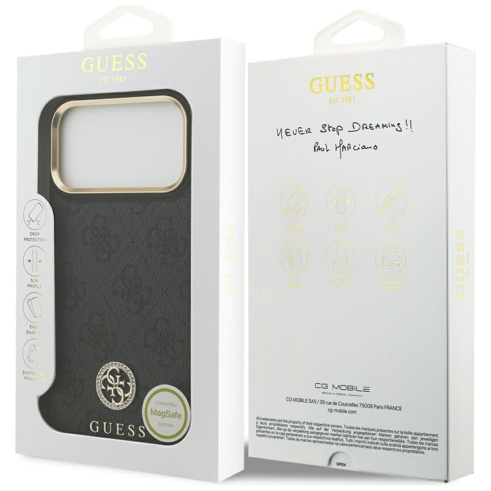 Husa MagSafe pentru Apple iPhone 17 Pro Max, Guess, 4G Strass Logo, Neagra