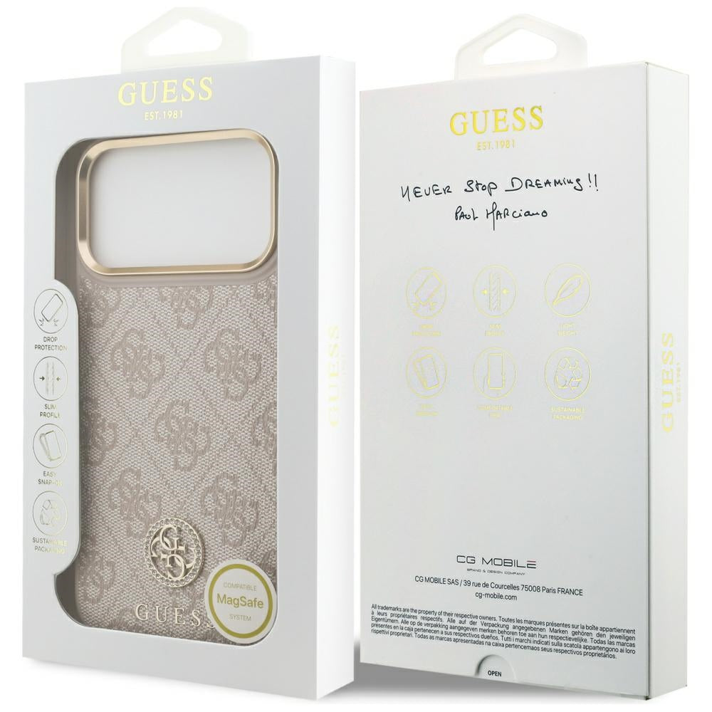Husa MagSafe pentru Apple iPhone 17 Pro Max, Guess, 4G Strass Logo, Roz