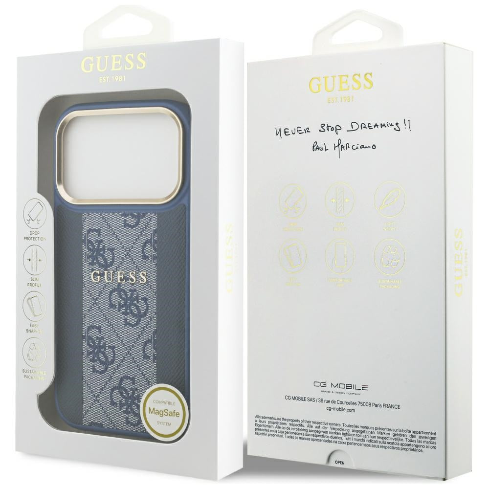 Husa MagSafe pentru Apple iPhone 17 Pro Max, Guess, 4G Stripe, Albastra