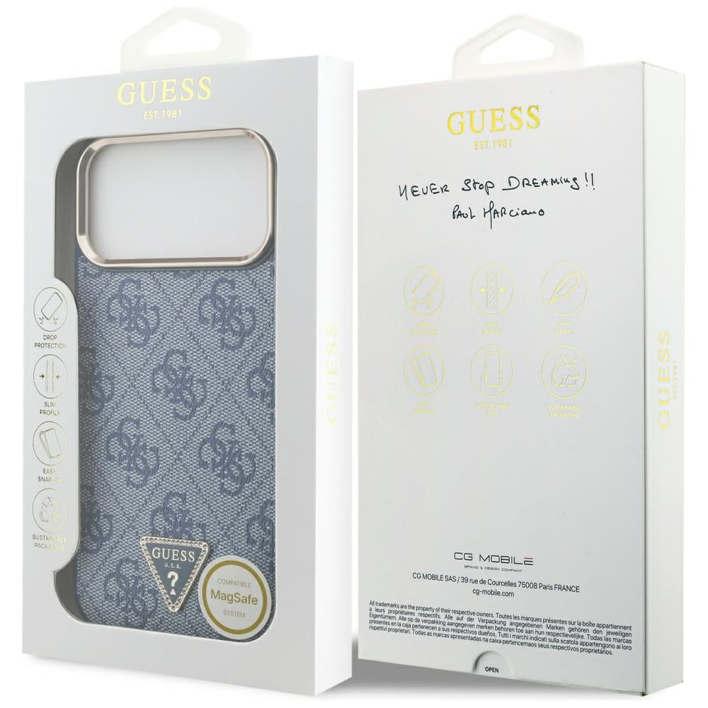 Husa MagSafe pentru Apple iPhone 17 Pro Max, Guess, 4G Triangle Logo, Albastra Aurie