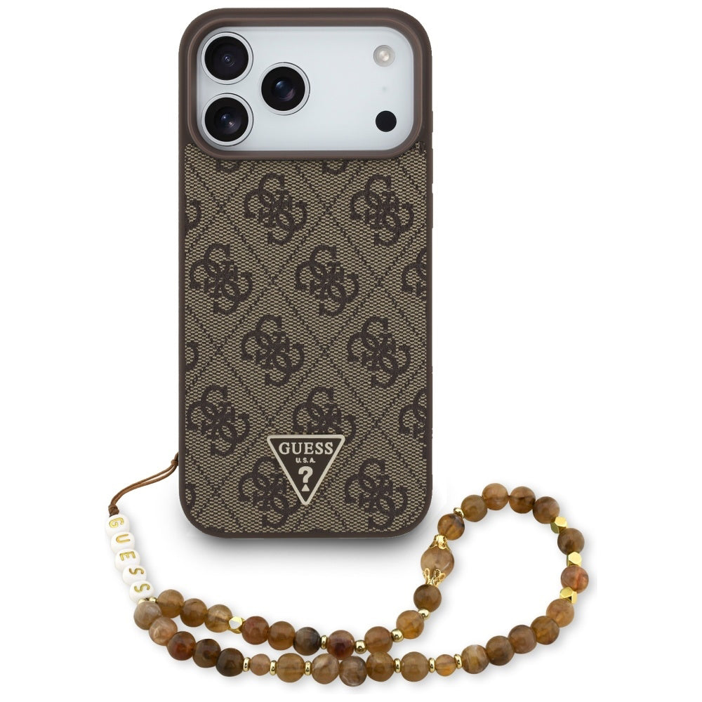 Husa MagSafe pentru Apple iPhone 17 Pro Max, Guess, 4G Triangle Logo Cord Strap, Maro