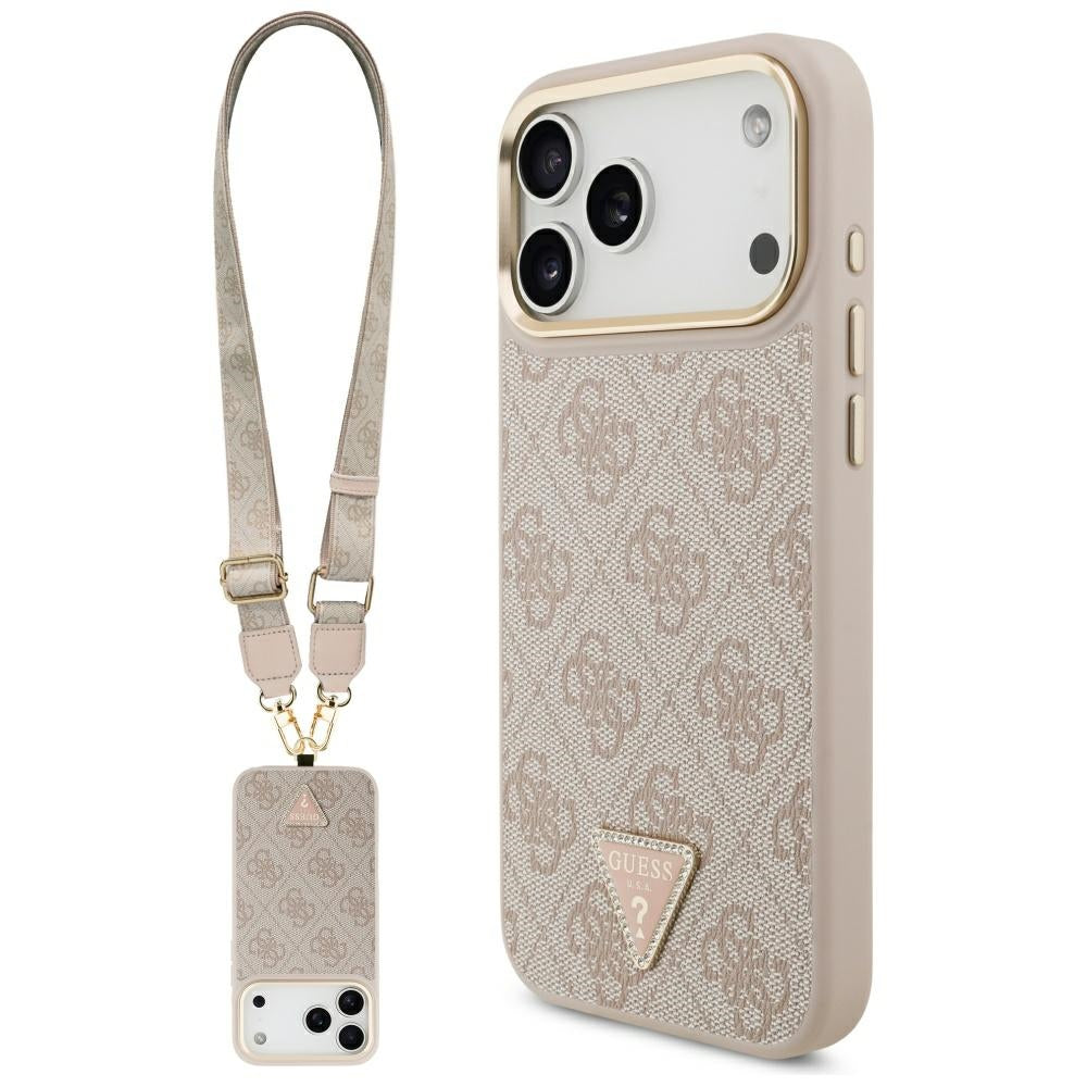 Husa MagSafe pentru Apple iPhone 17 Pro Max, Guess, 4G Triangle Logo with Big Strap, Roz