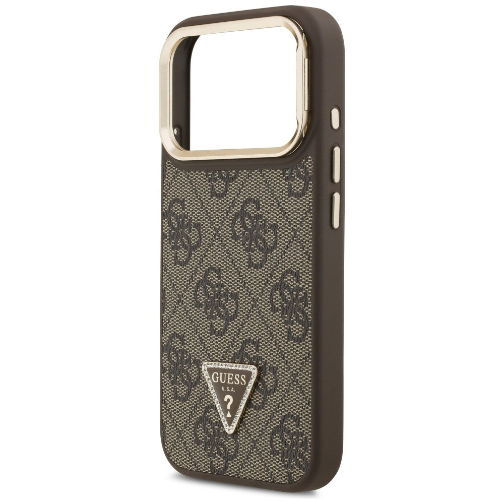 Husa MagSafe pentru Apple iPhone 17 Pro Max, Guess, 4G Triangle Logo with Stand Camera, Maro Aurie