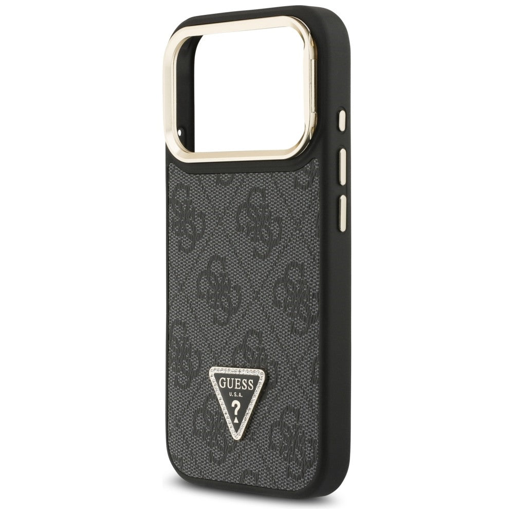Husa MagSafe pentru Apple iPhone 17 Pro Max, Guess, 4G Triangle Logo with Stand Camera, Neagra Aurie