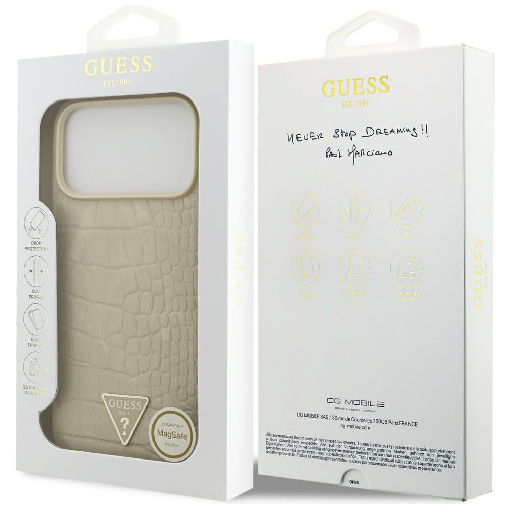 Husa MagSafe pentru Apple iPhone 17 Pro Max, Guess, Croco Triangle Logo, Aurie