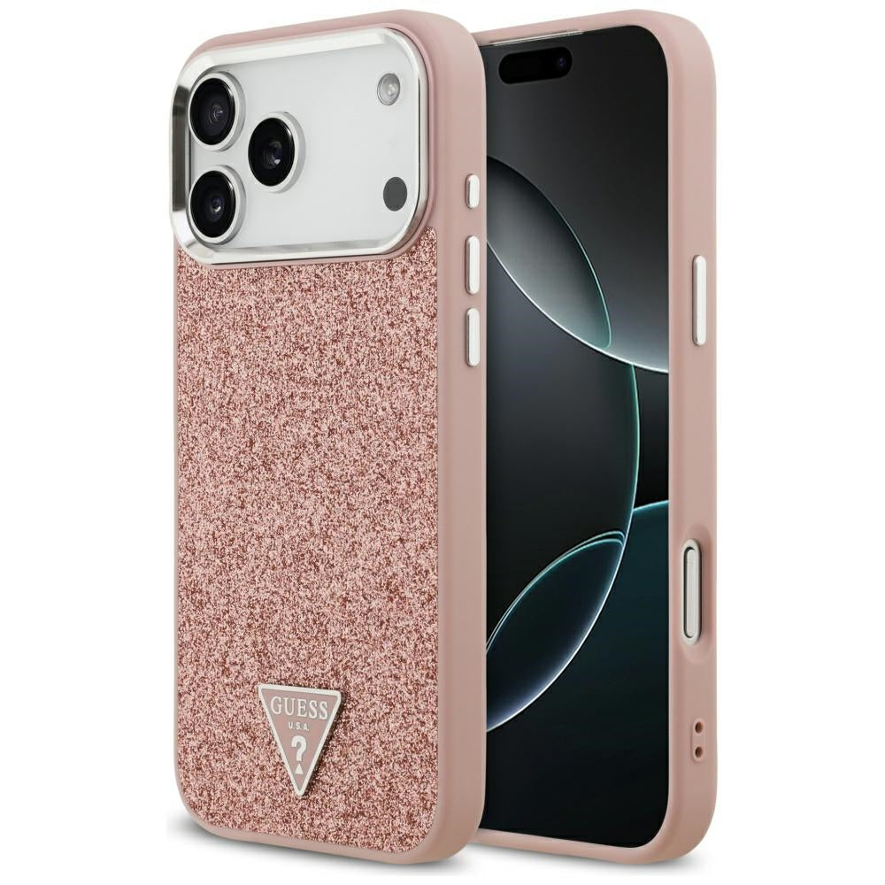 Husa MagSafe pentru Apple iPhone 17 Pro Max, Guess, Glitter Triangle Logo, Roz