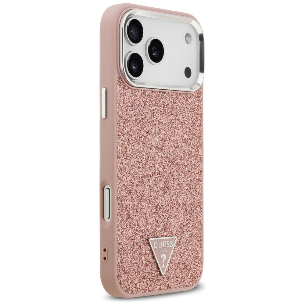 Husa MagSafe pentru Apple iPhone 17 Pro Max, Guess, Glitter Triangle Logo, Roz