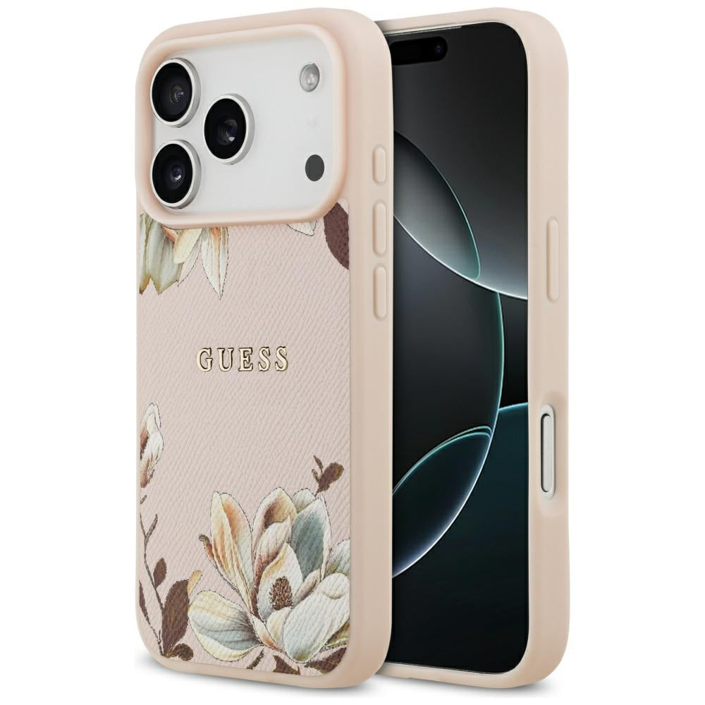 Husa MagSafe pentru Apple iPhone 17 Pro Max, Guess, Grained Flowers, Roz