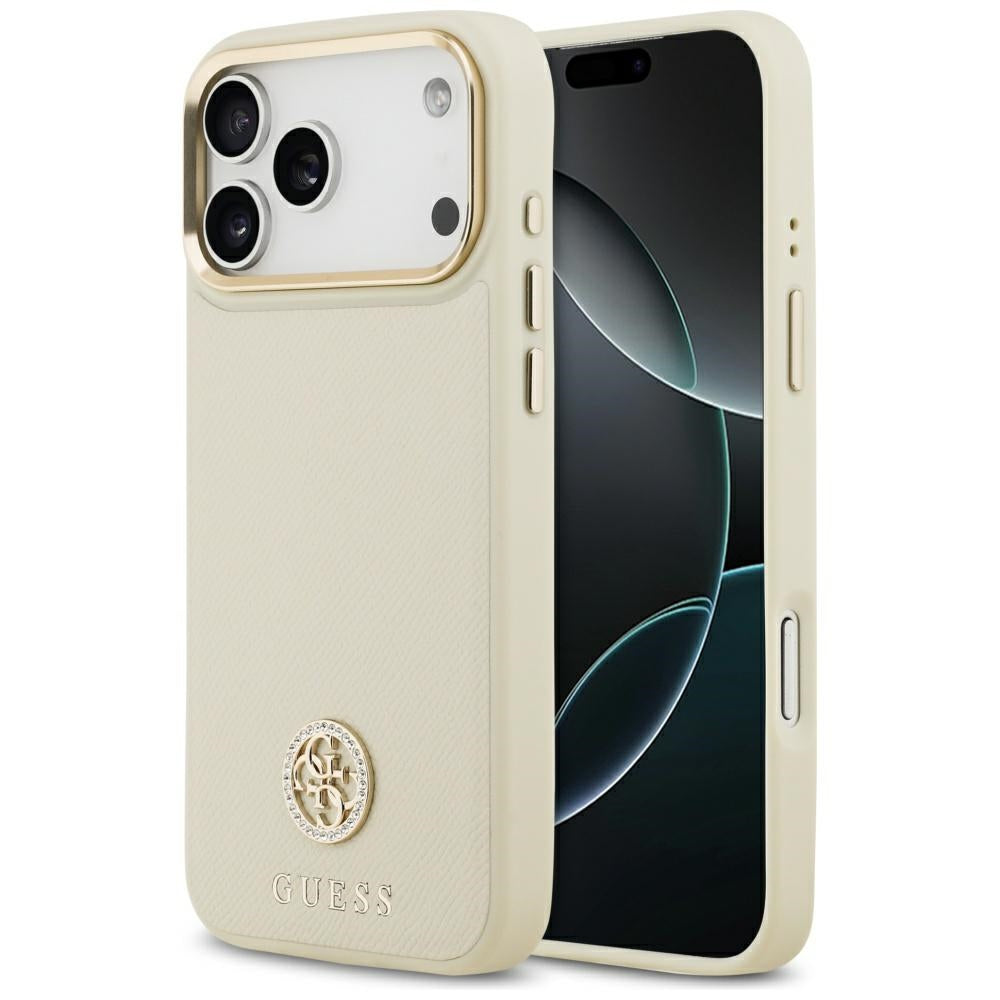 Husa MagSafe pentru Apple iPhone 17 Pro Max, Guess, Grained Strass Logo, Bej