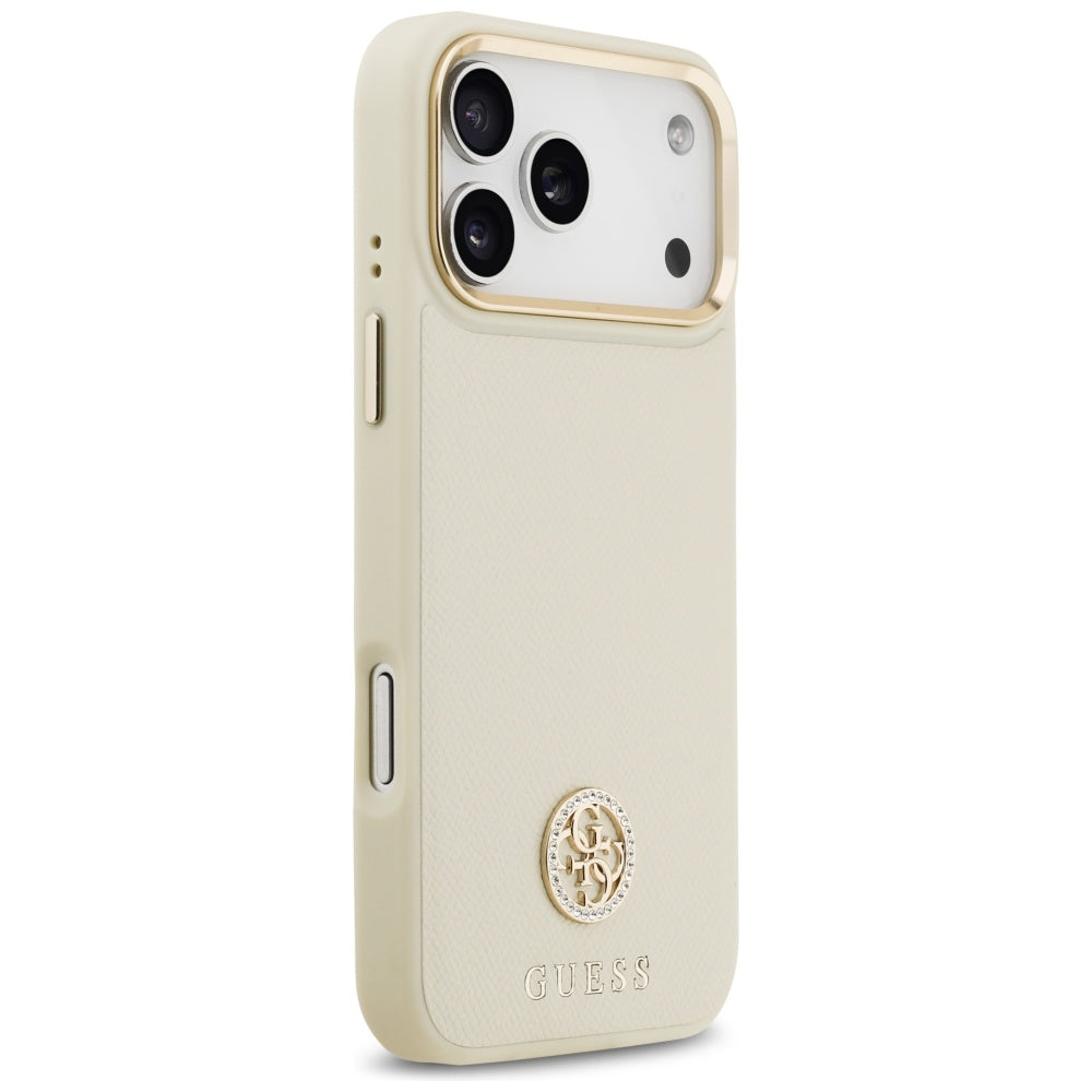 Husa MagSafe pentru Apple iPhone 17 Pro Max, Guess, Grained Strass Logo, Bej
