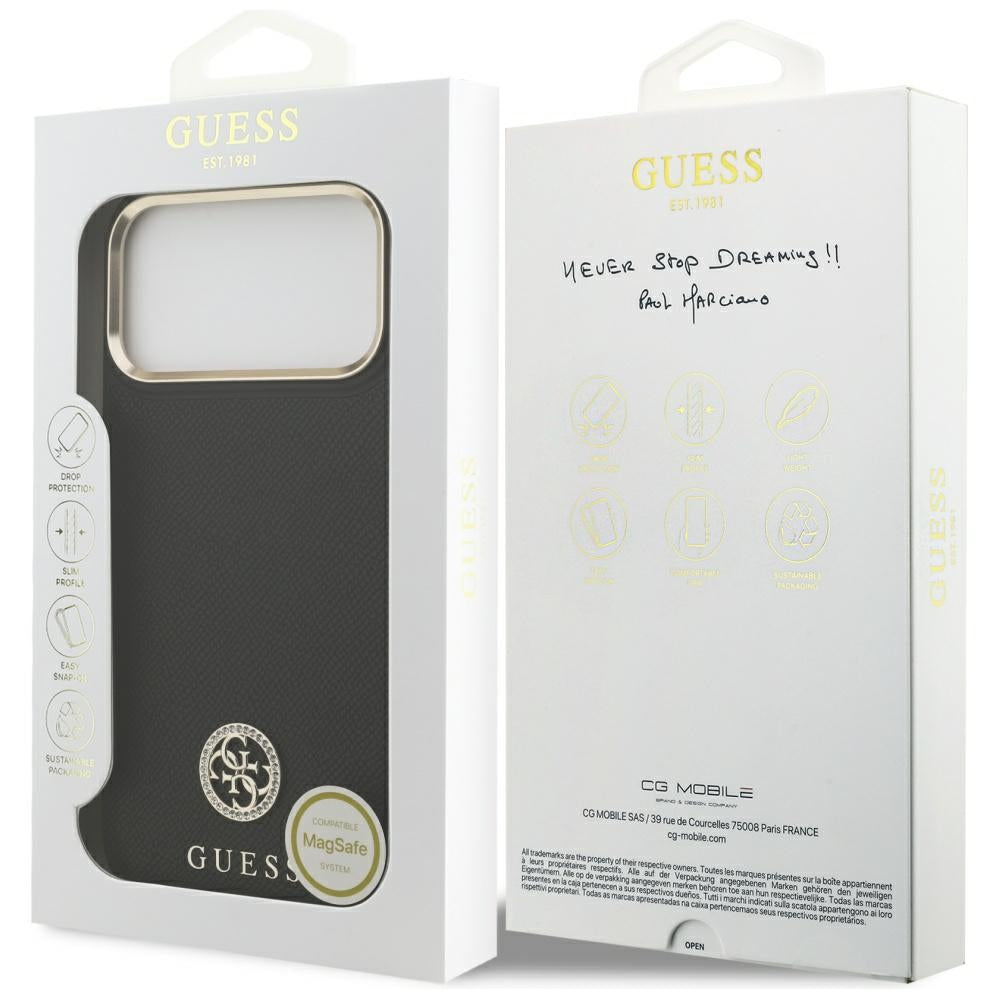 Husa MagSafe pentru Apple iPhone 17 Pro Max, Guess, Grained Strass Logo, Neagra