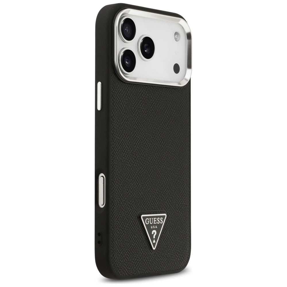 Husa MagSafe pentru Apple iPhone 17 Pro Max, Guess, Grained Triangle Logo, Neagra