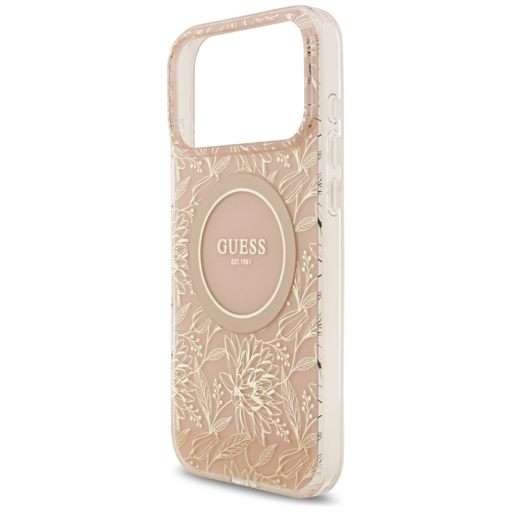Husa MagSafe pentru Apple iPhone 17 Pro Max, Guess, IML Flowers Allover Electroplated with Pearl Strap, Roz