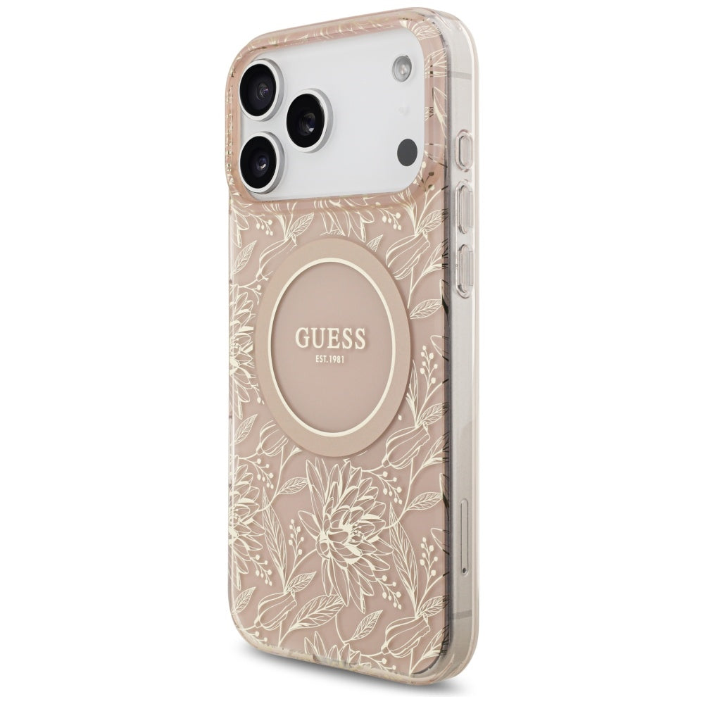 Husa MagSafe pentru Apple iPhone 17 Pro Max, Guess, IML Flowers Allover Electroplated with Pearl Strap, Roz