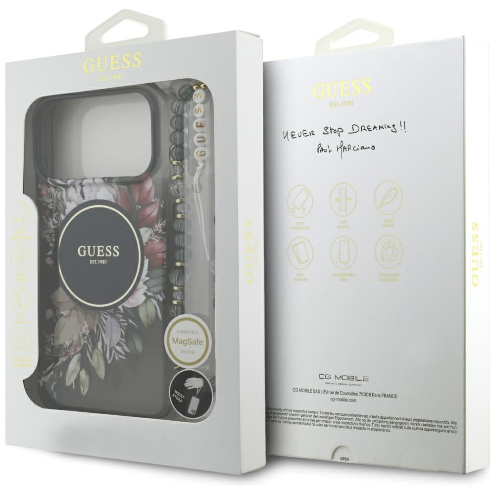 Husa MagSafe pentru Apple iPhone 17 Pro Max, Guess, IML Flowers with Pearl Strap, Neagra