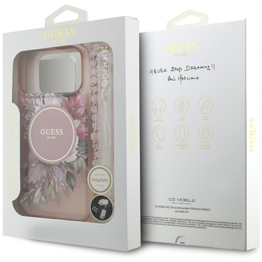 Husa MagSafe pentru Apple iPhone 17 Pro Max, Guess, IML Flowers with Pearl Strap, Roz