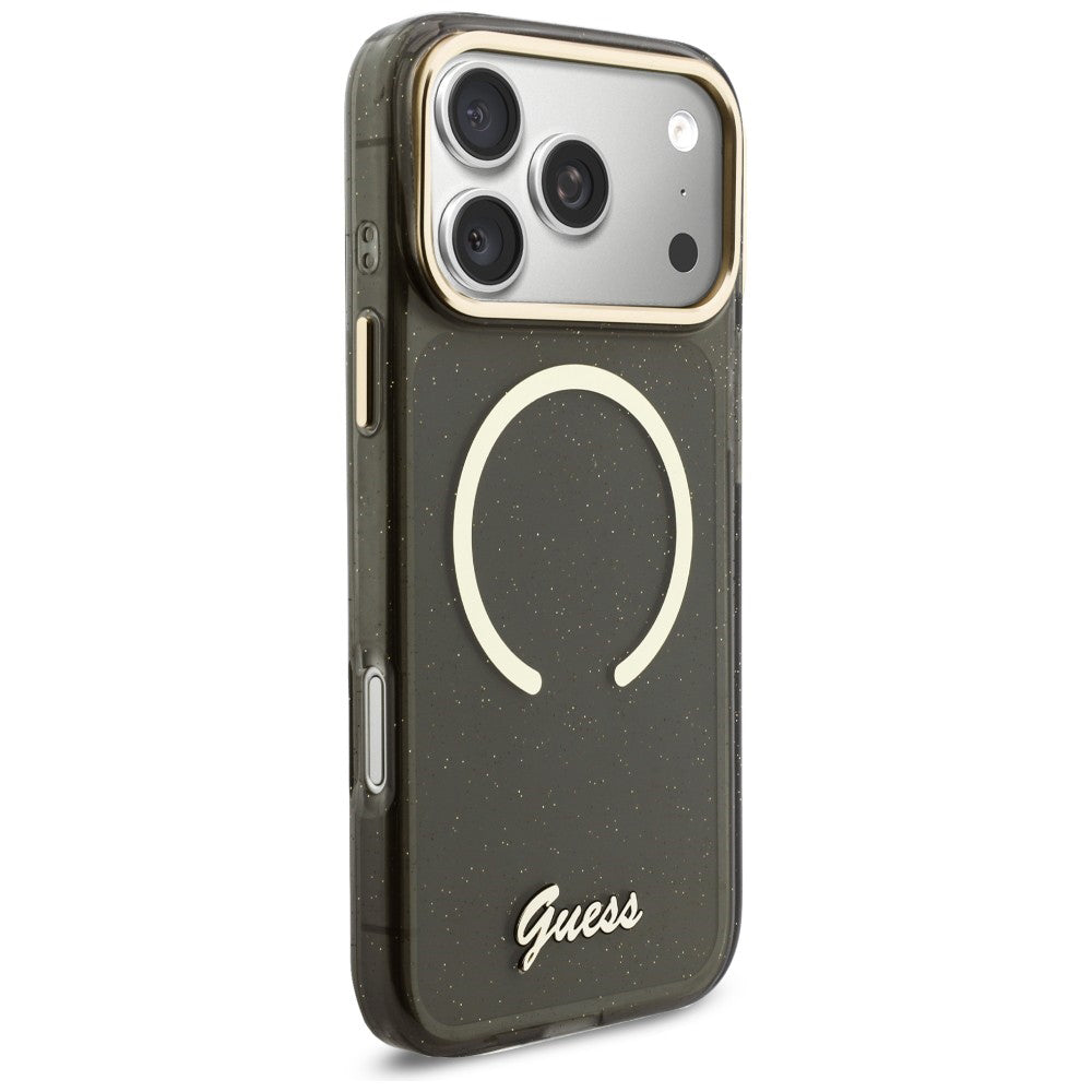 Husa MagSafe pentru Apple iPhone 17 Pro Max, Guess, IML Glitter Script Strap, Neagra