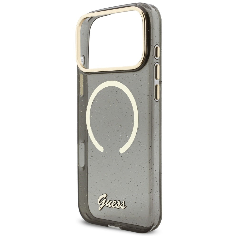 Husa MagSafe pentru Apple iPhone 17 Pro Max, Guess, IML Glitter Script Strap, Neagra