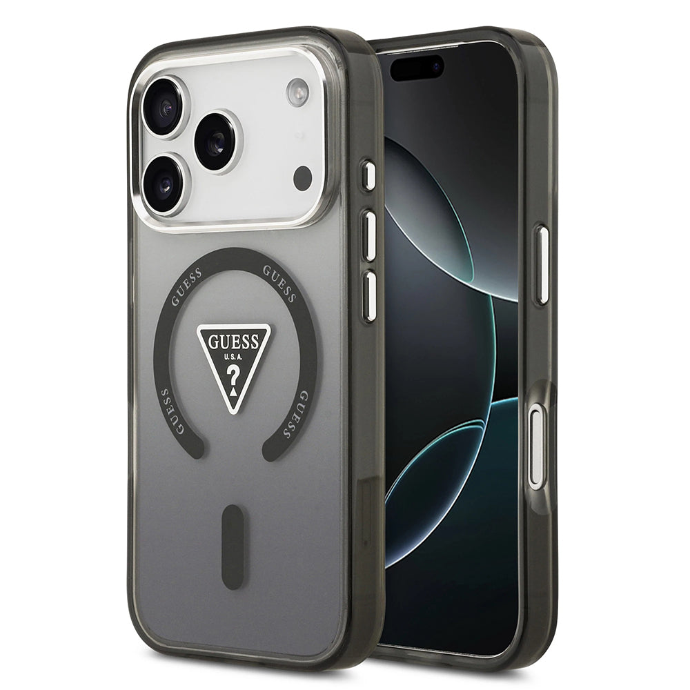 Husa MagSafe pentru Apple iPhone 17 Pro Max, Guess, IML Gradient Triangle Logo, Neagra Argintie