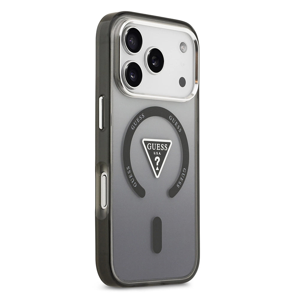 Husa MagSafe pentru Apple iPhone 17 Pro Max, Guess, IML Gradient Triangle Logo, Neagra Argintie