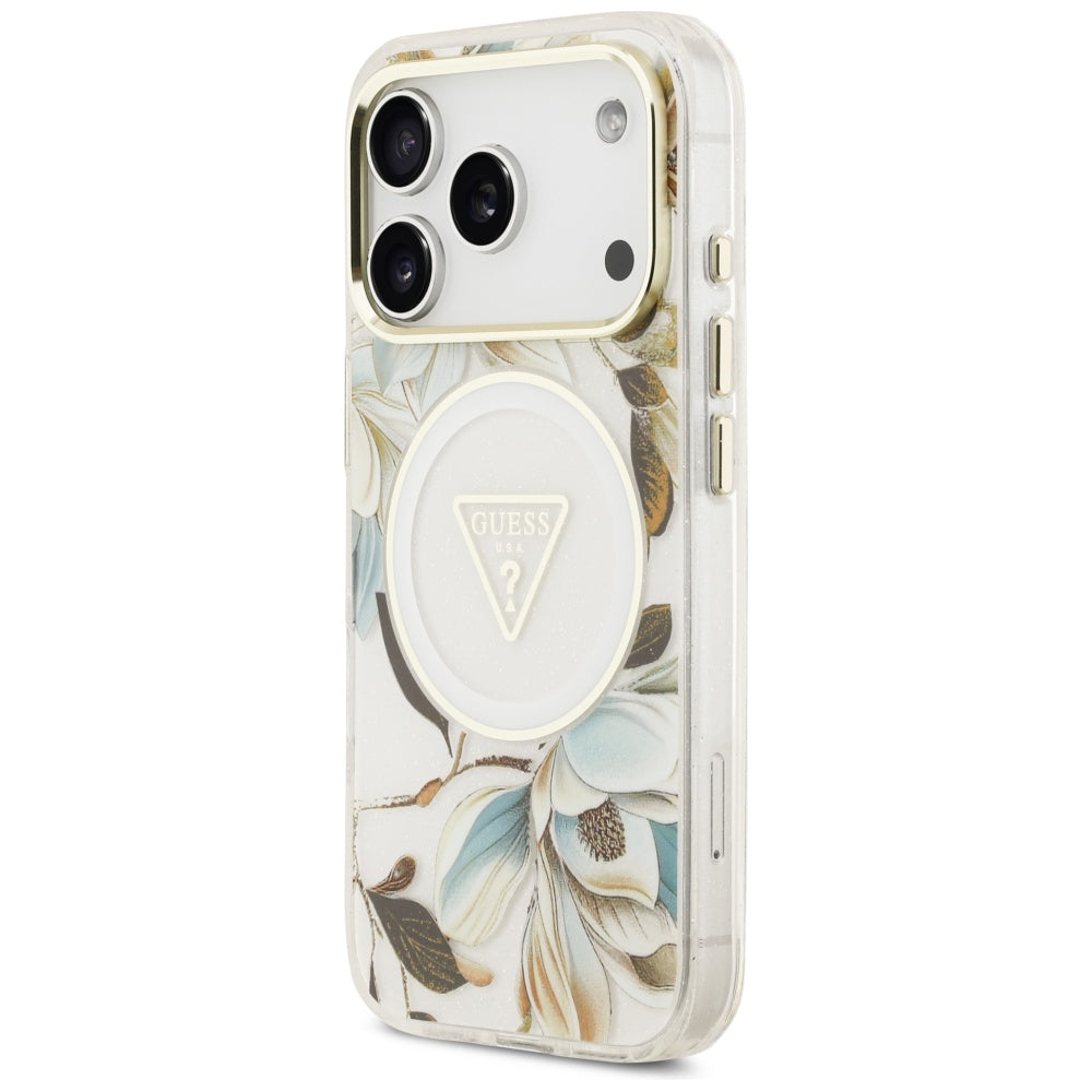 Husa MagSafe pentru Apple iPhone 17 Pro Max, Guess, IML Metal Glitter Flowers Triangle, Alba